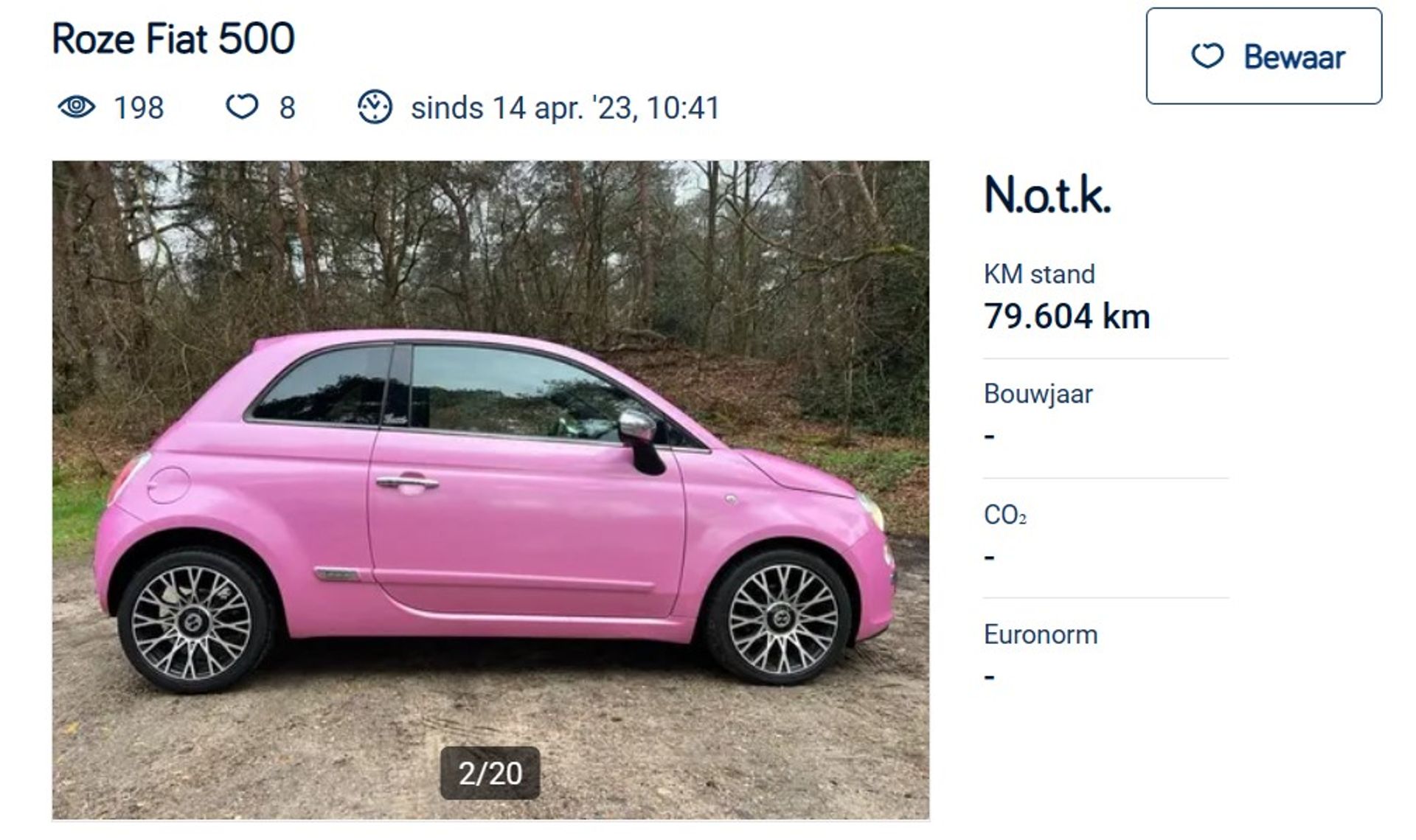 Peter zet roze Fiat 500 van Nicol Kremers te koop